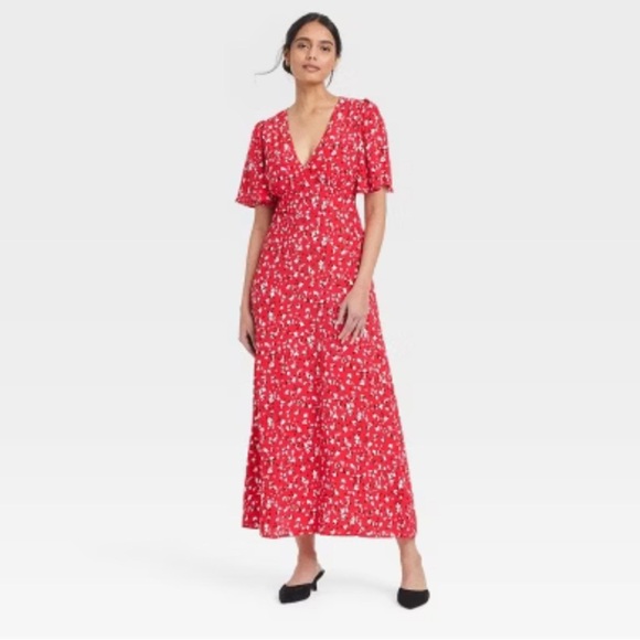 Women's Short Sleeve Maxi Sundress - A New Day Red Floral V Neck Sz 4 - Picture 1 of 2